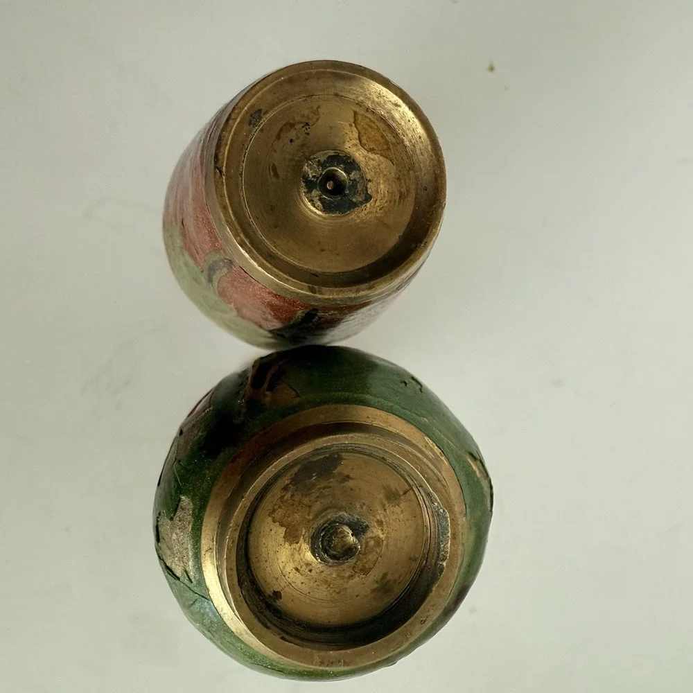 Pair of Vintage Brass Enamel Floral Vases Hand Painted Cloisonné Style 4